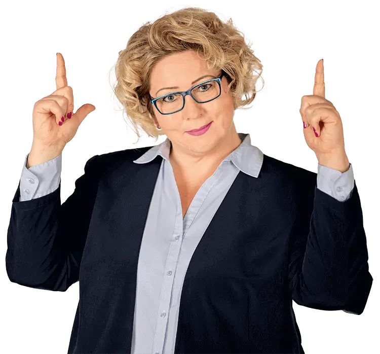 Simone Weber, freiberufliche Steuermentorin für Steuern und Buchhaltung zeigt nach oben